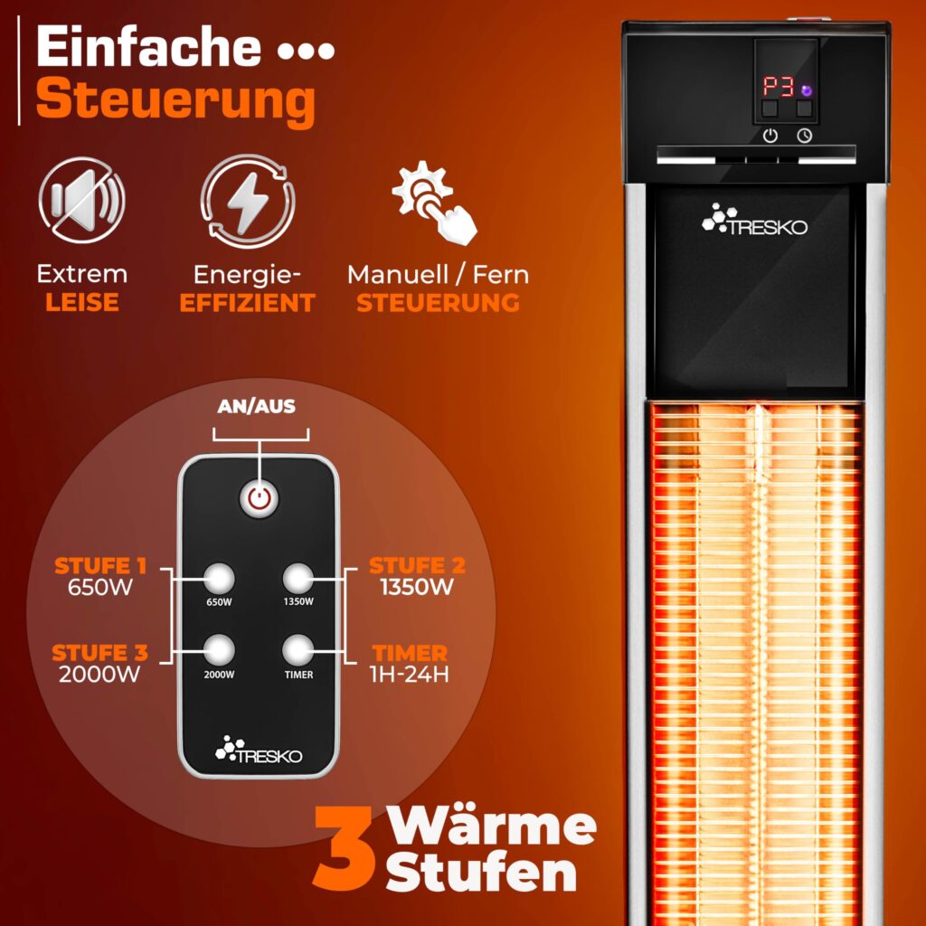 TRESKO Staande infrarood warmtestraler 2000W met afstandsbediening en 3 warmtestanden