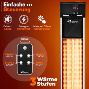 TRESKO Staande infrarood warmtestraler 2000W met afstandsbediening en 3 warmtestanden