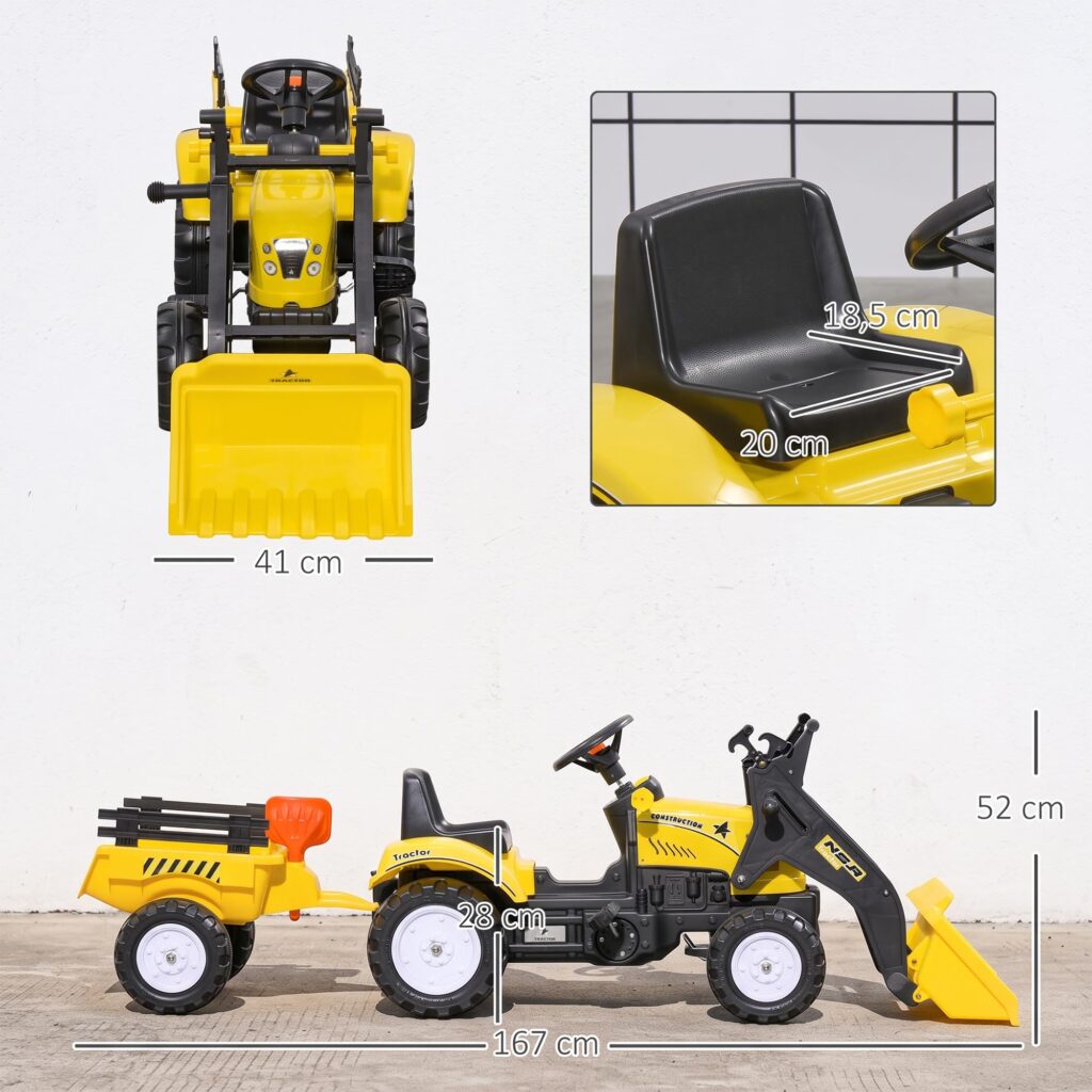 HOMCOM Pedal Tractor met Aanhanger voor Kinderen - Geel