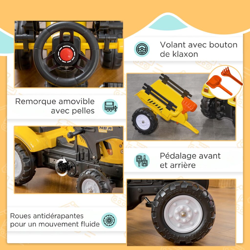 HOMCOM Pedal Tractor met Aanhanger voor Kinderen - Geel