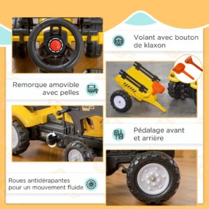 HOMCOM Pedal Tractor met Aanhanger voor Kinderen - Geel