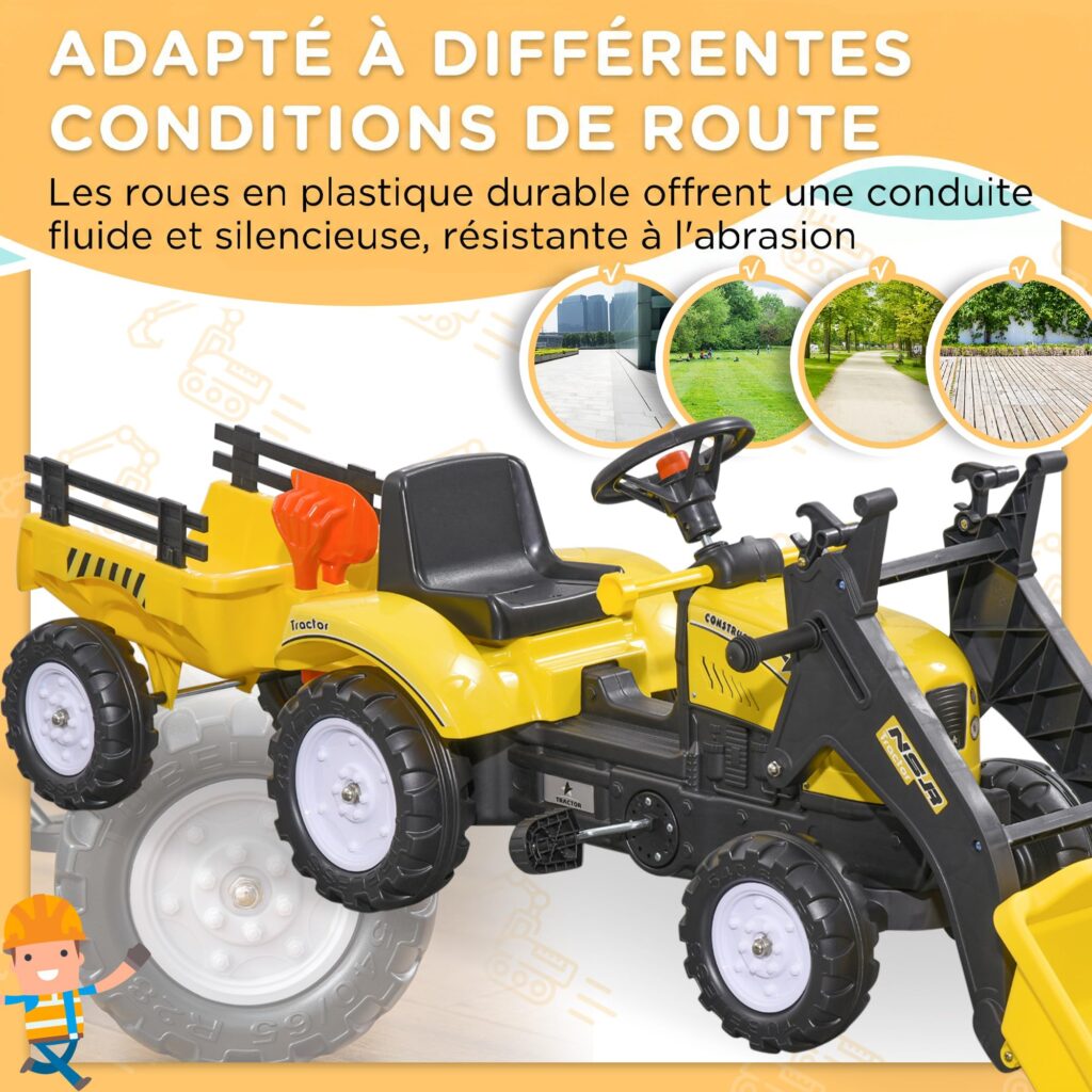 HOMCOM Pedal Tractor met Aanhanger voor Kinderen - Geel