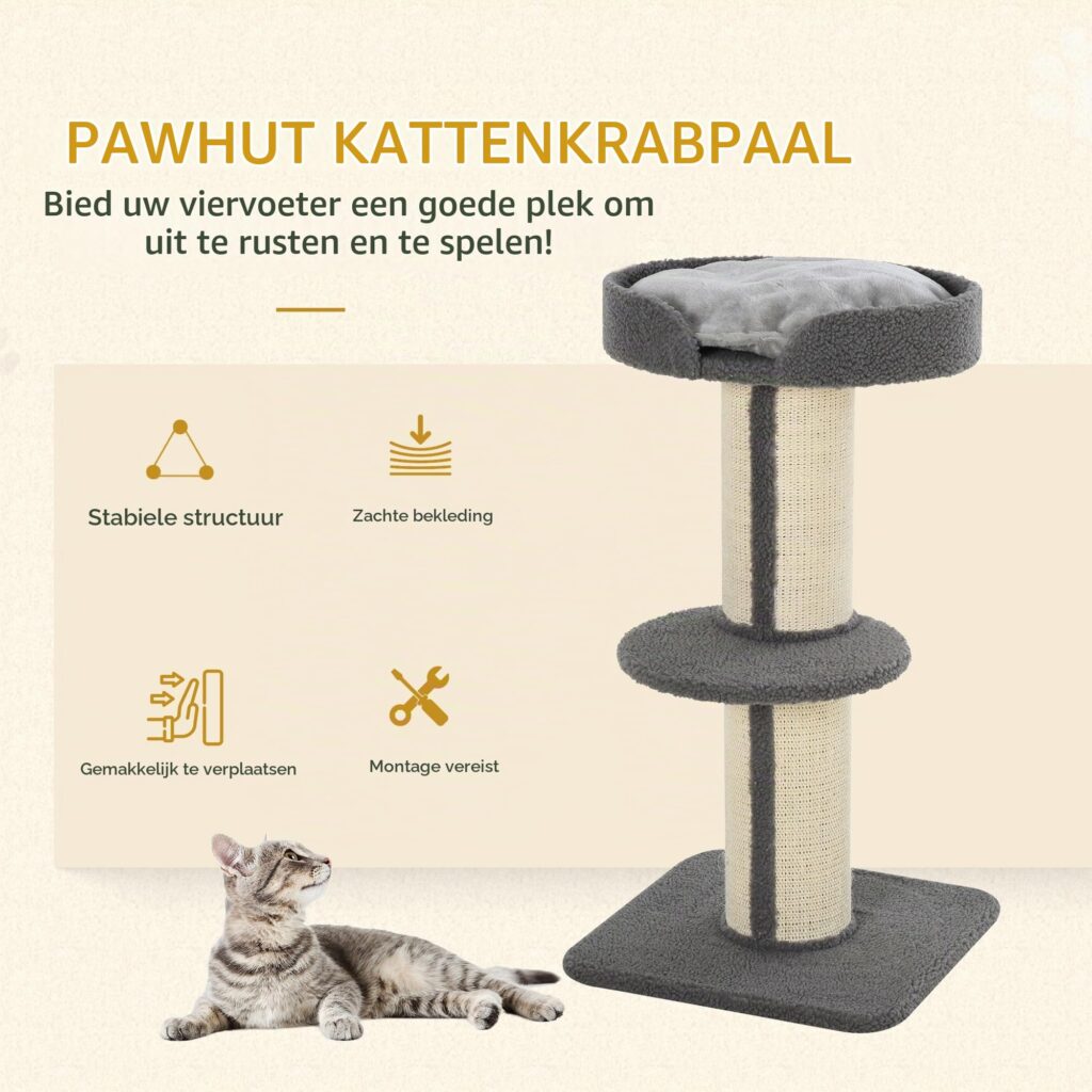 PawHut Krabpaal met sisalstammen voor middelgrote katten 91 cm Grijs
