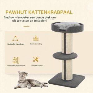 PawHut Krabpaal met sisalstammen voor middelgrote katten 91 cm Grijs