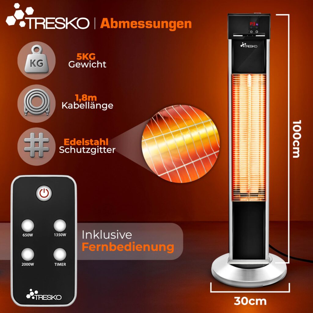TRESKO Staande infrarood warmtestraler 2000W met afstandsbediening en 3 warmtestanden