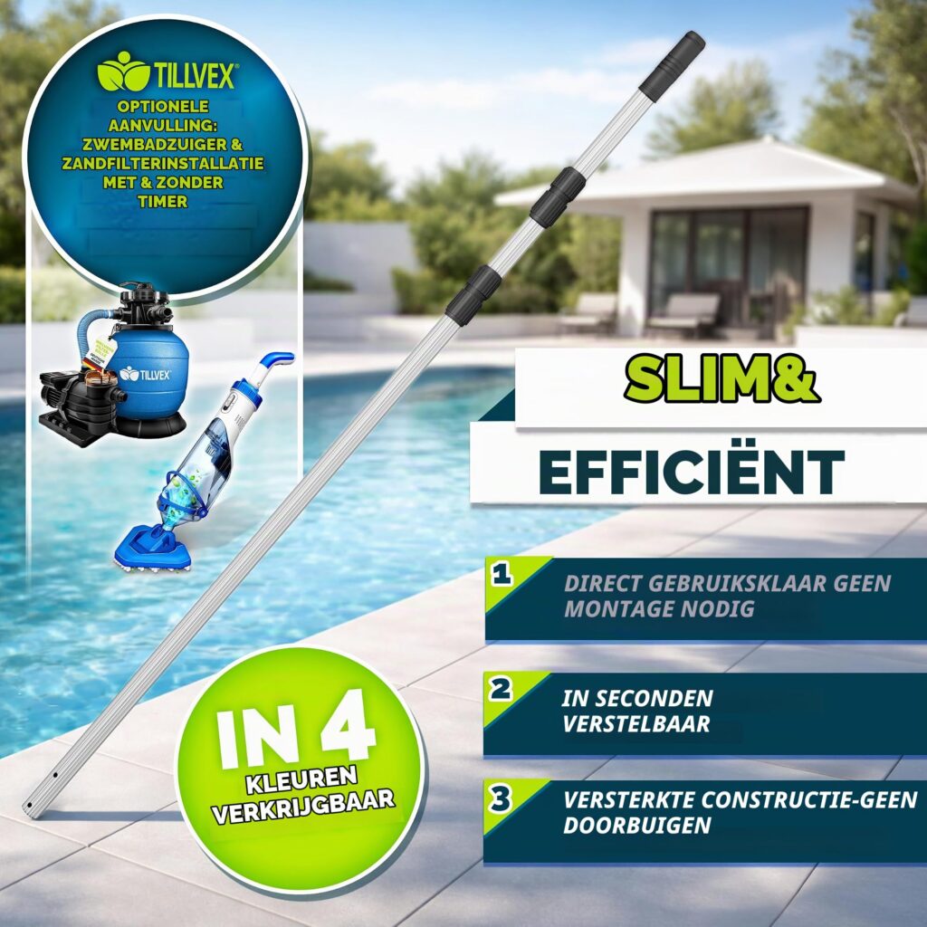 Tillvex telescoopstang voor zwembad, 1,20-3,60 m, aluminium, 3-delig, zwart