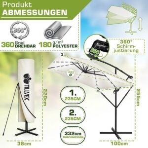 tillvex® Rechthoekige Aluminium Parasol Ø 330 cm met LED en Afdekking, 360° Draaibaar