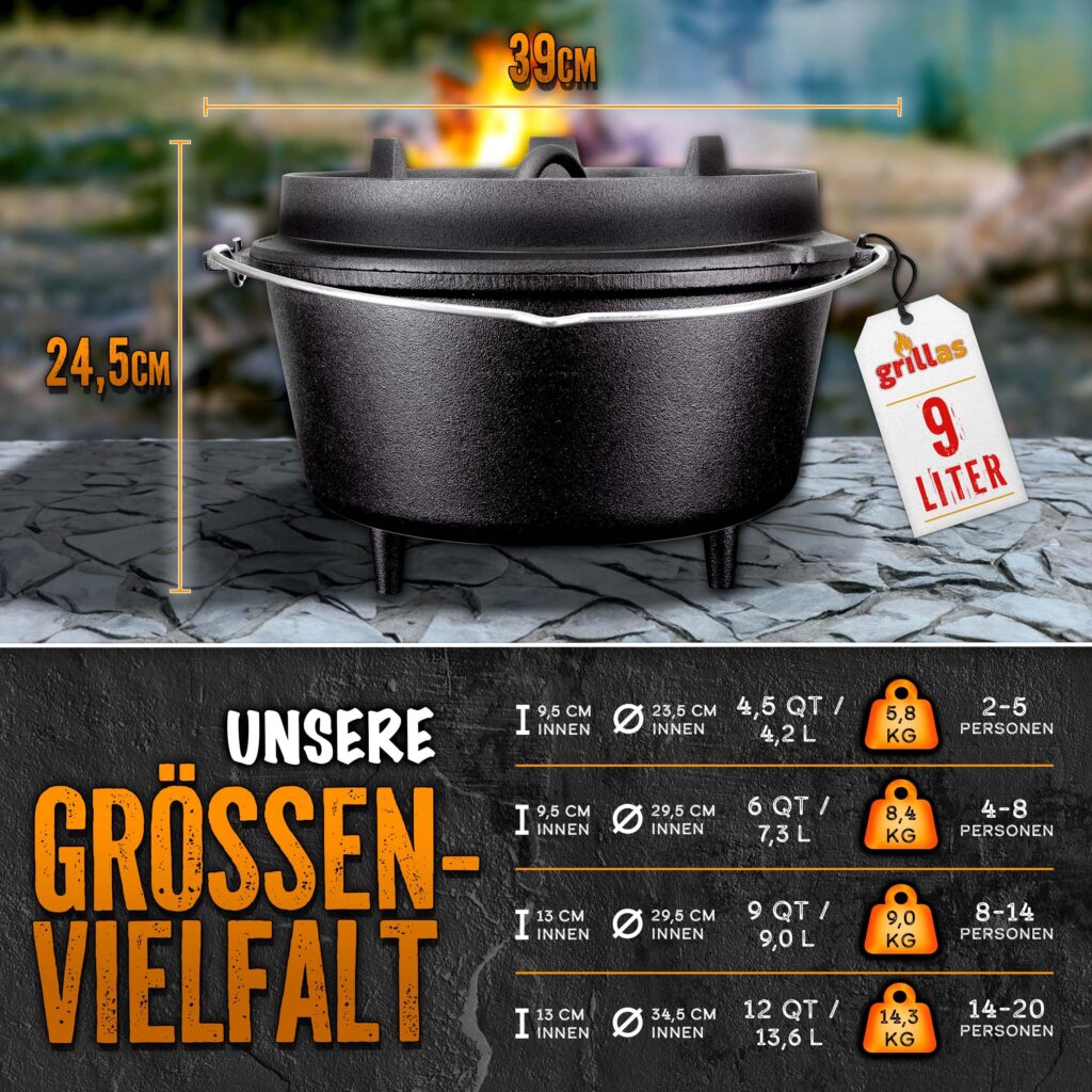 Grillas Dutch Oven Set incl. receptenboek | voorgebrand gietijzeren braadpan 9 liter