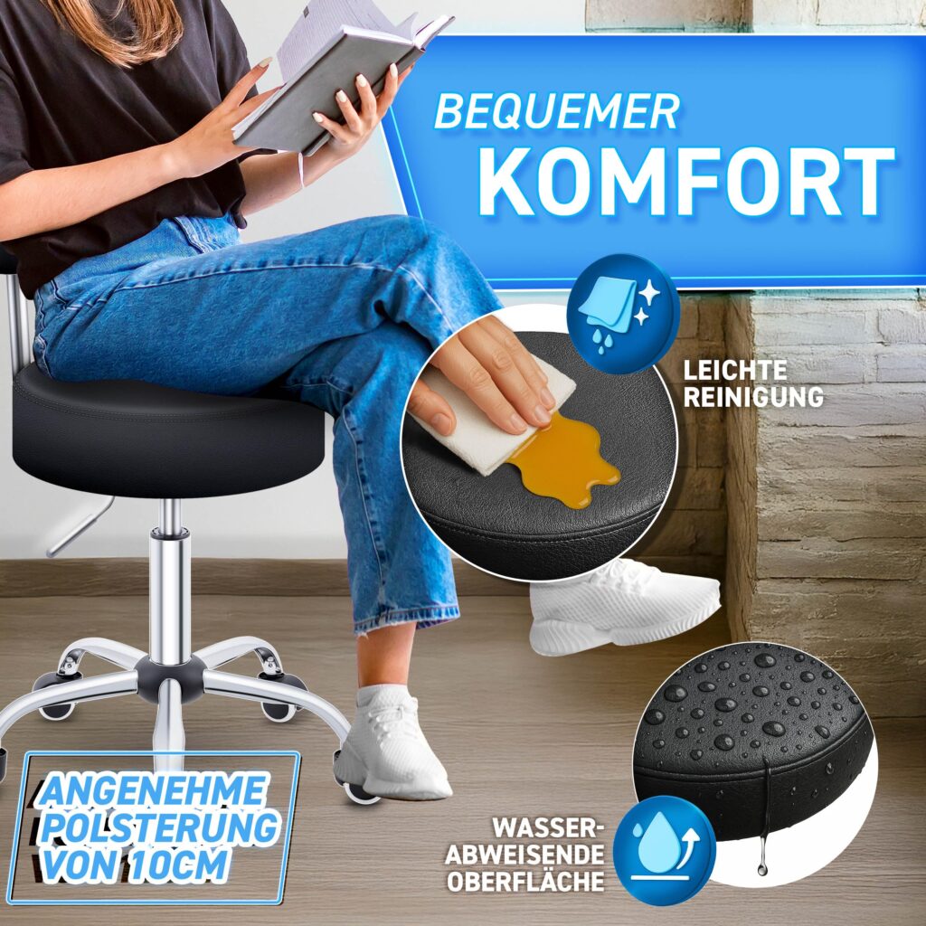 TRESKO® Zwarte rolkruk met leuning | Verstelbare werkkruk 47-60 cm | Draaistoel met wieltjes
