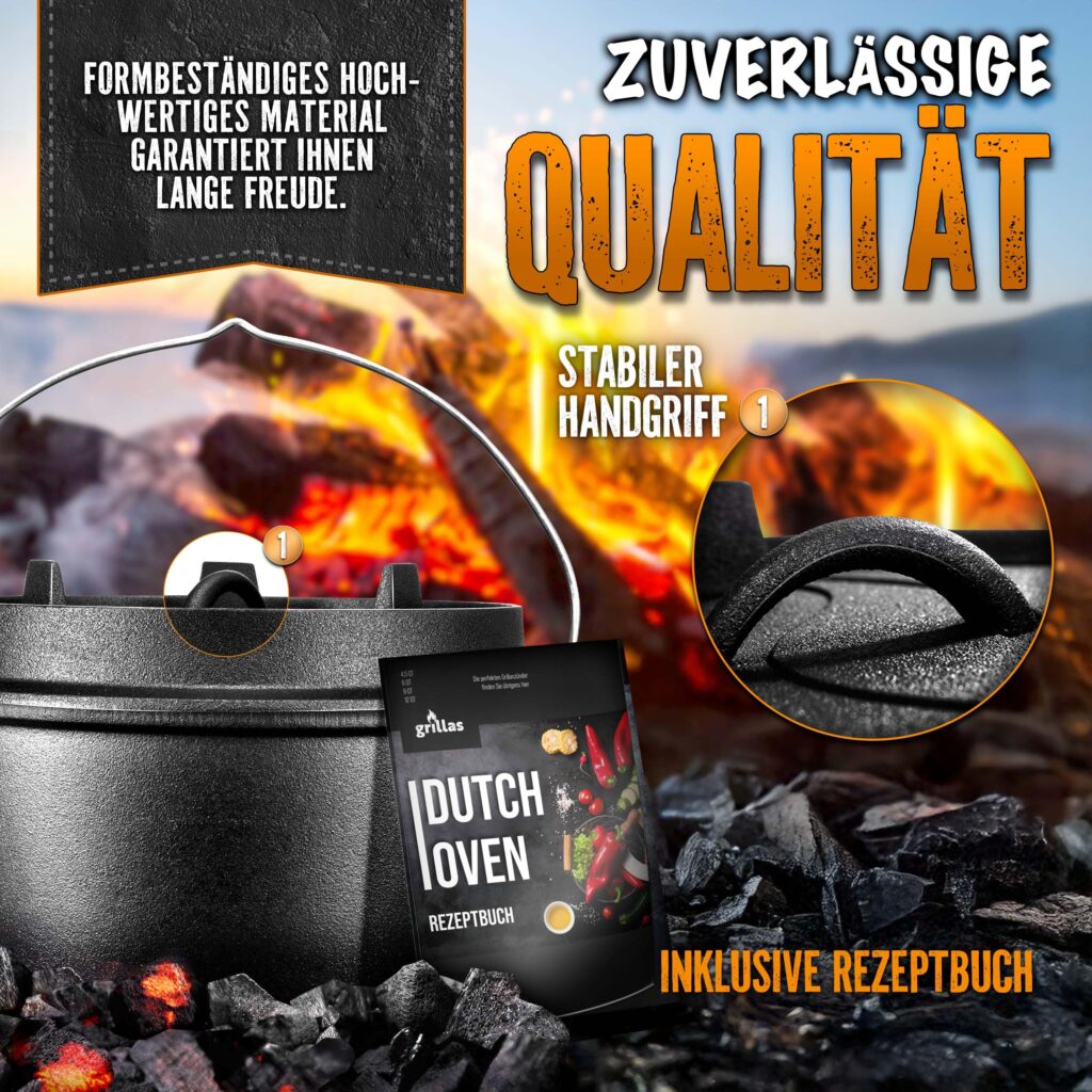 Grillas Dutch Oven Set incl. receptenboek | voorgebrand gietijzeren braadpan 9 liter