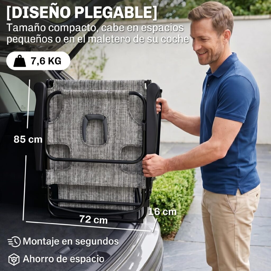Outsunny Opvouwbare Tuinligstoel met 4 Verstelbare Rugleuningstanden, Leesopening en Hoofdkussen 194