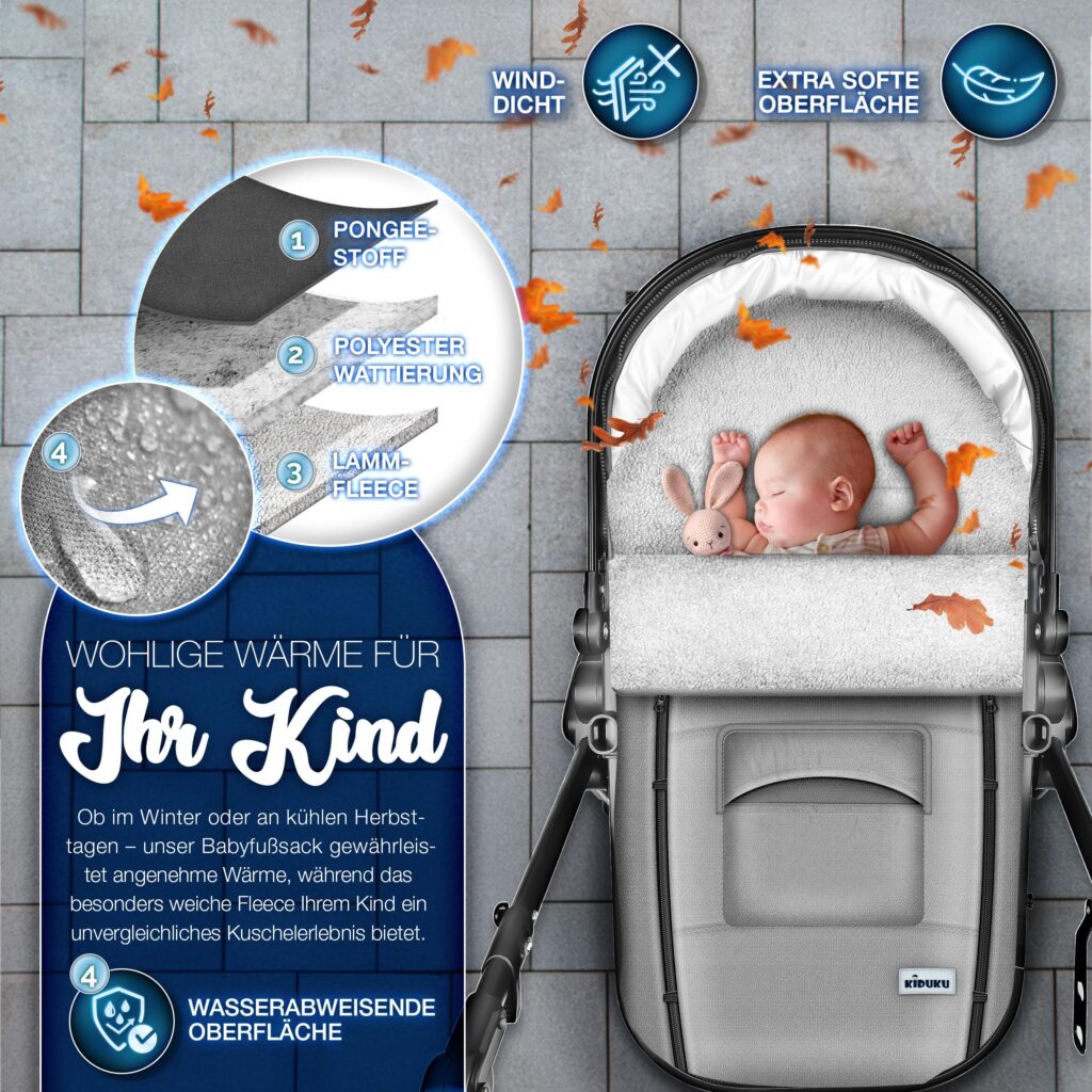 KIDUKU Wintervoetenzak voor kinderwagen - Wasbare voetenzak met ritssluiting, Jeans grijs