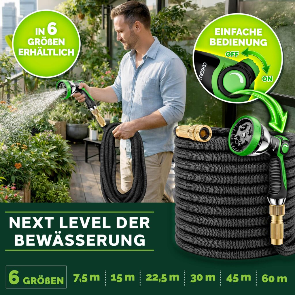 TRESKO® flexibele tuinslang | 7,5 m | met 3-voudige latexkern en messing koppelingen