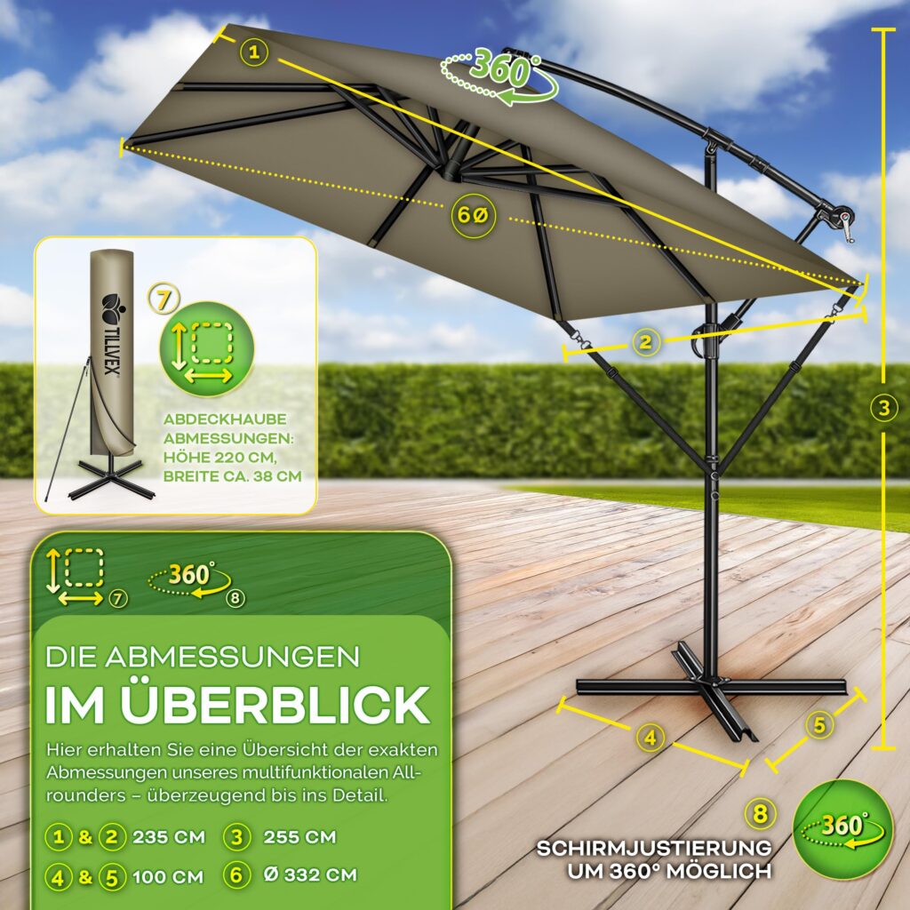 tillvex® Rechthoekige Aluminium Parasol Ø 330 cm met Afdekking en Windscherm