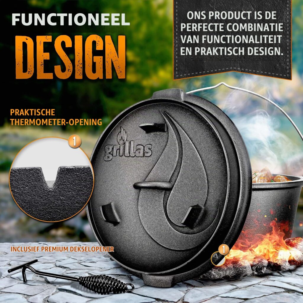 Grillas Dutch Oven Set incl. receptenboek | voorgebrand gietijzeren braadpan 9 liter