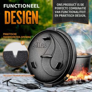 Grillas Dutch Oven Set incl. receptenboek | voorgebrand gietijzeren braadpan 9 liter