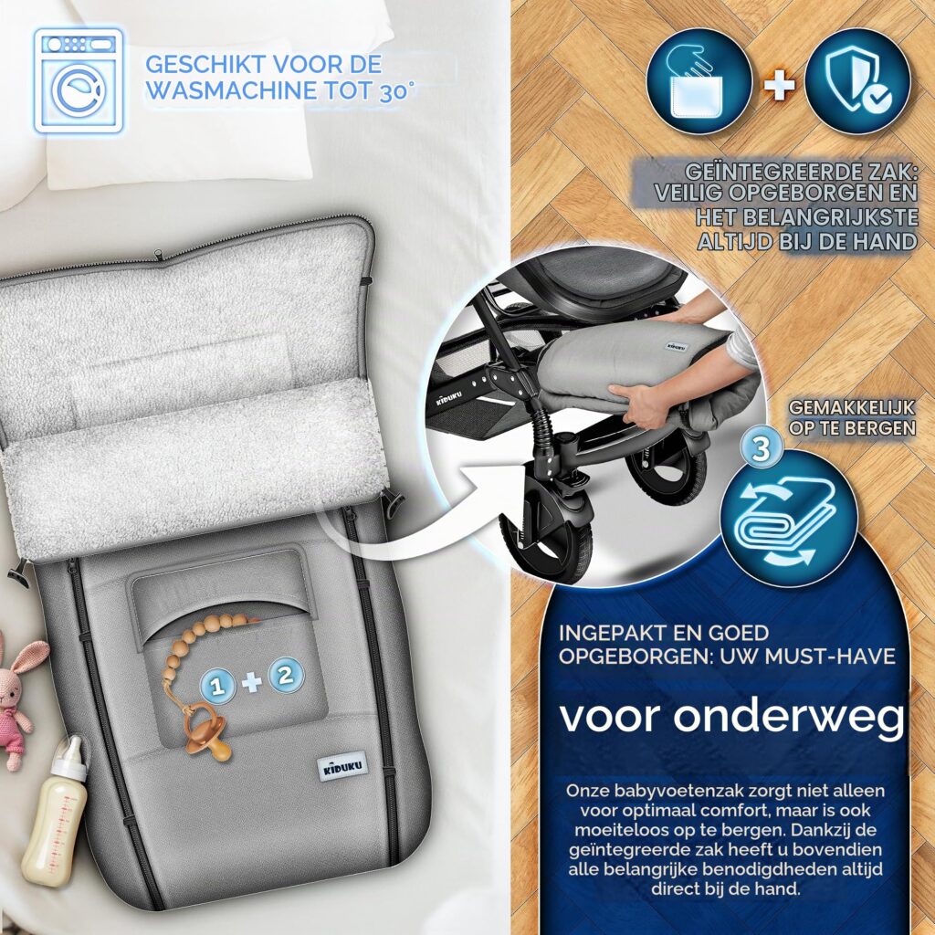 KIDUKU Wintervoetenzak voor kinderwagen - Wasbare voetenzak met ritssluiting, Jeans grijs