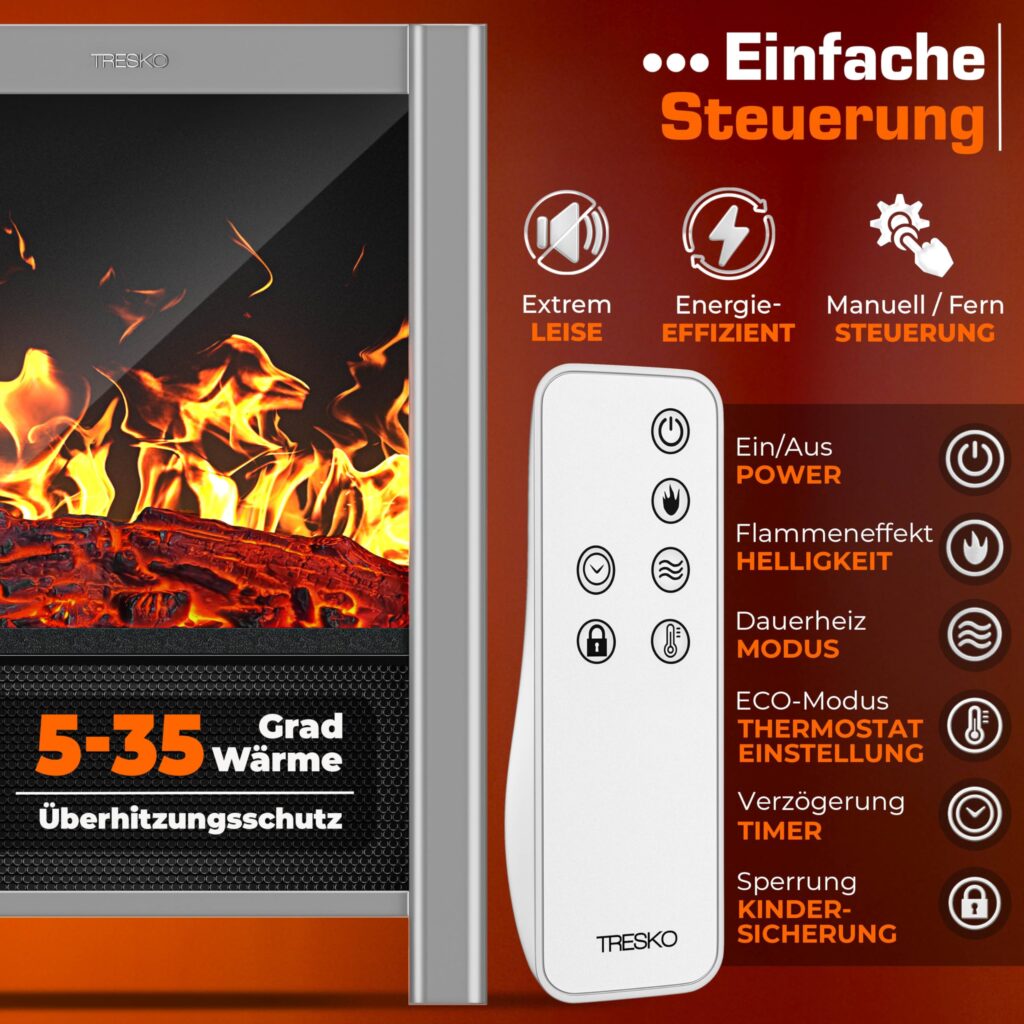 TRESKO SmartFire Elektrische Haard met Verwarming, 2000 W, Wifi-app en Afstandsbediening