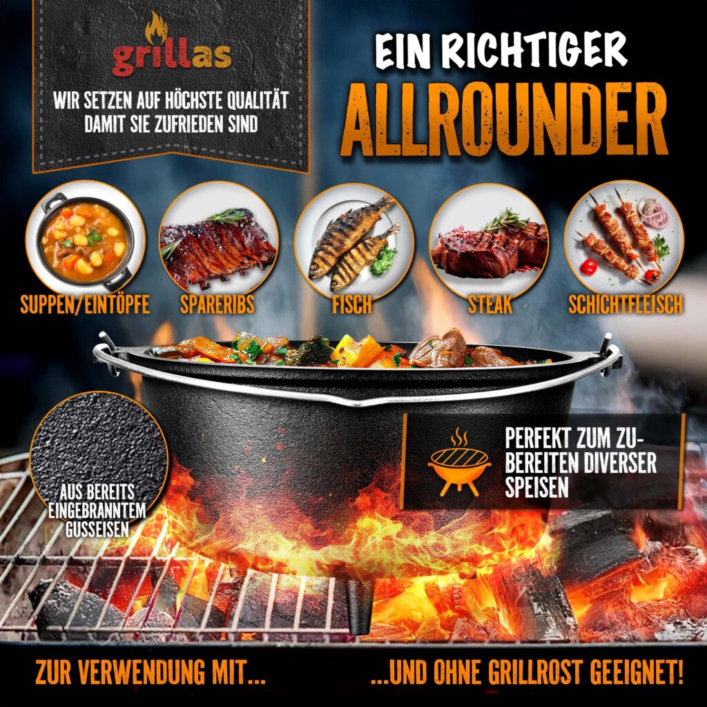 Grillas Dutch Oven Set incl. receptenboek | voorgebrand gietijzeren braadpan 9 liter