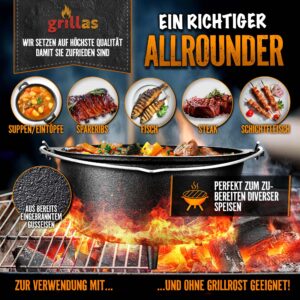 Grillas Dutch Oven Set incl. receptenboek | voorgebrand gietijzeren braadpan 9 liter