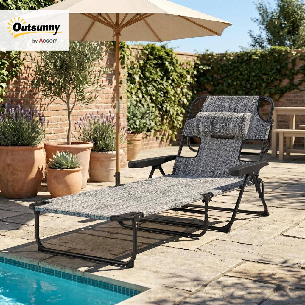 Outsunny Opvouwbare Tuinligstoel met 4 Verstelbare Rugleuningstanden, Leesopening en Hoofdkussen 194