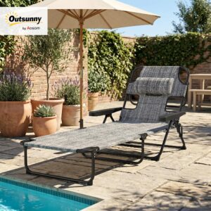 Outsunny Opvouwbare Tuinligstoel met 4 Verstelbare Rugleuningstanden, Leesopening en Hoofdkussen 194