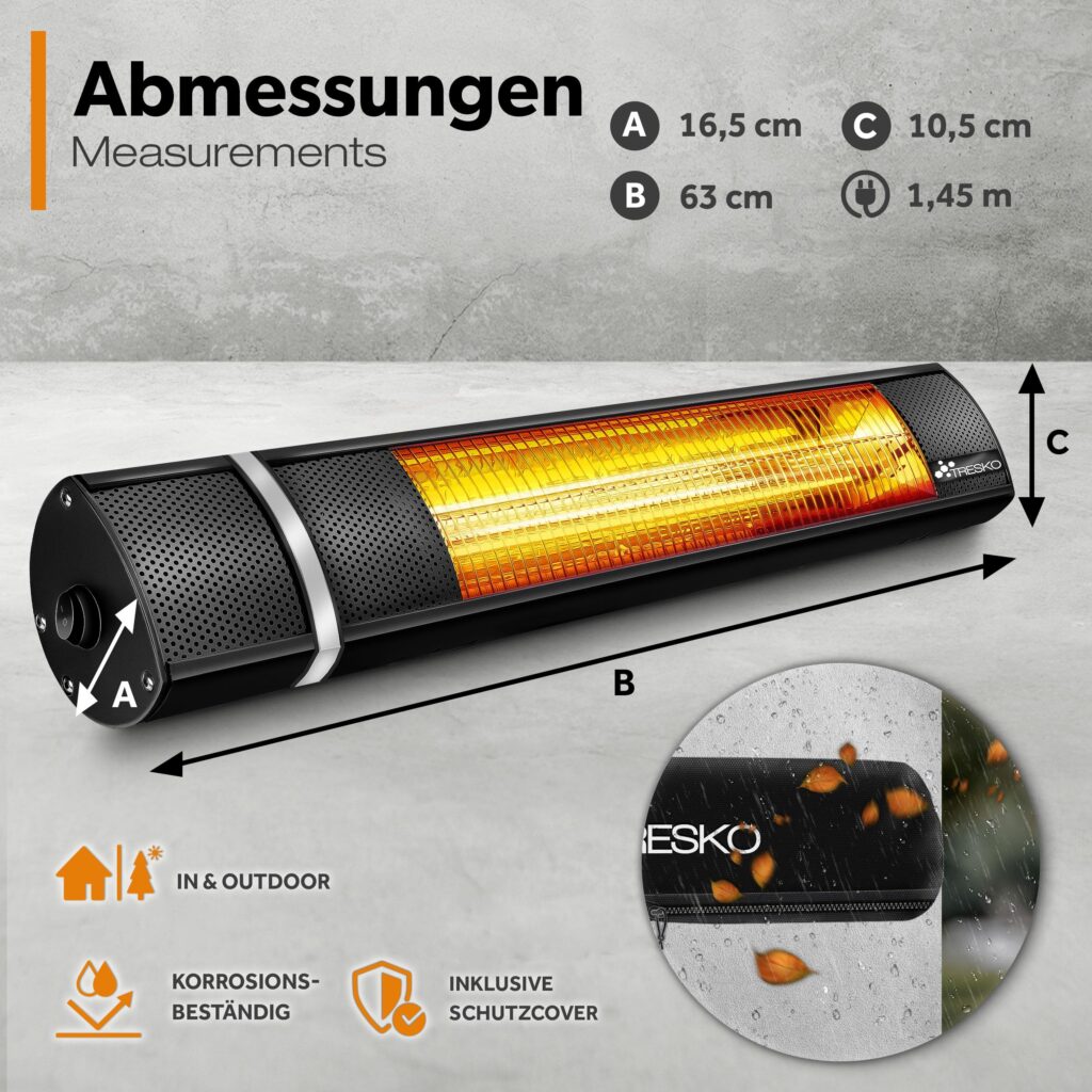 TRESKO infrarood warmtestraler 2000 W met afstandsbediening en 3 warmtestanden