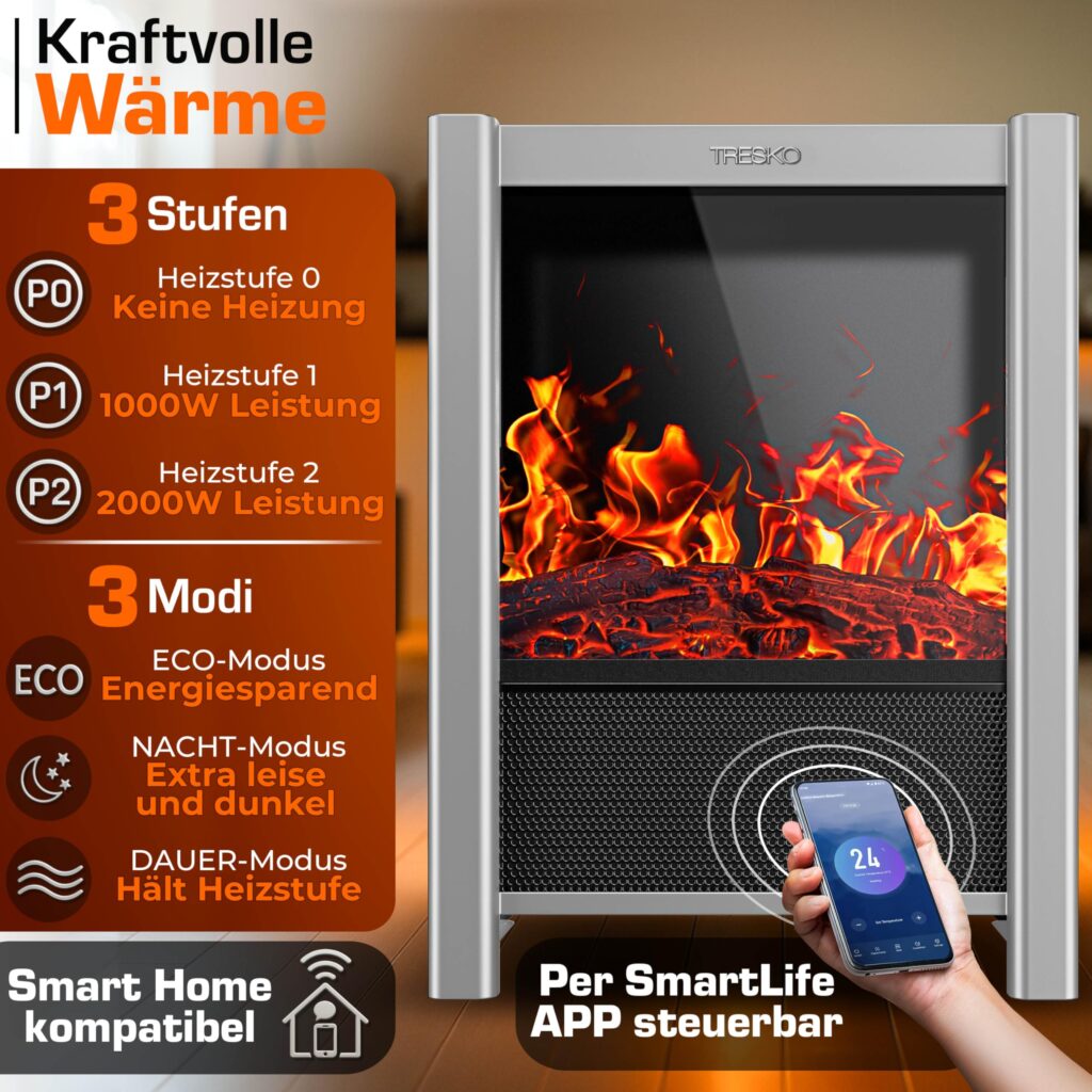 TRESKO SmartFire Elektrische Haard met Verwarming, 2000 W, Wifi-app en Afstandsbediening