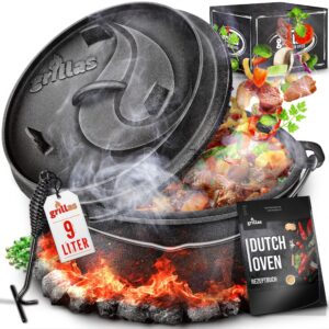 Grillas Dutch Oven Set incl. receptenboek | voorgebrand gietijzeren braadpan 9 liter